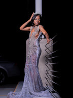 Lavender Mermaid Prom Dress Sheer Sequin Beaded Crystal Fringe Gown