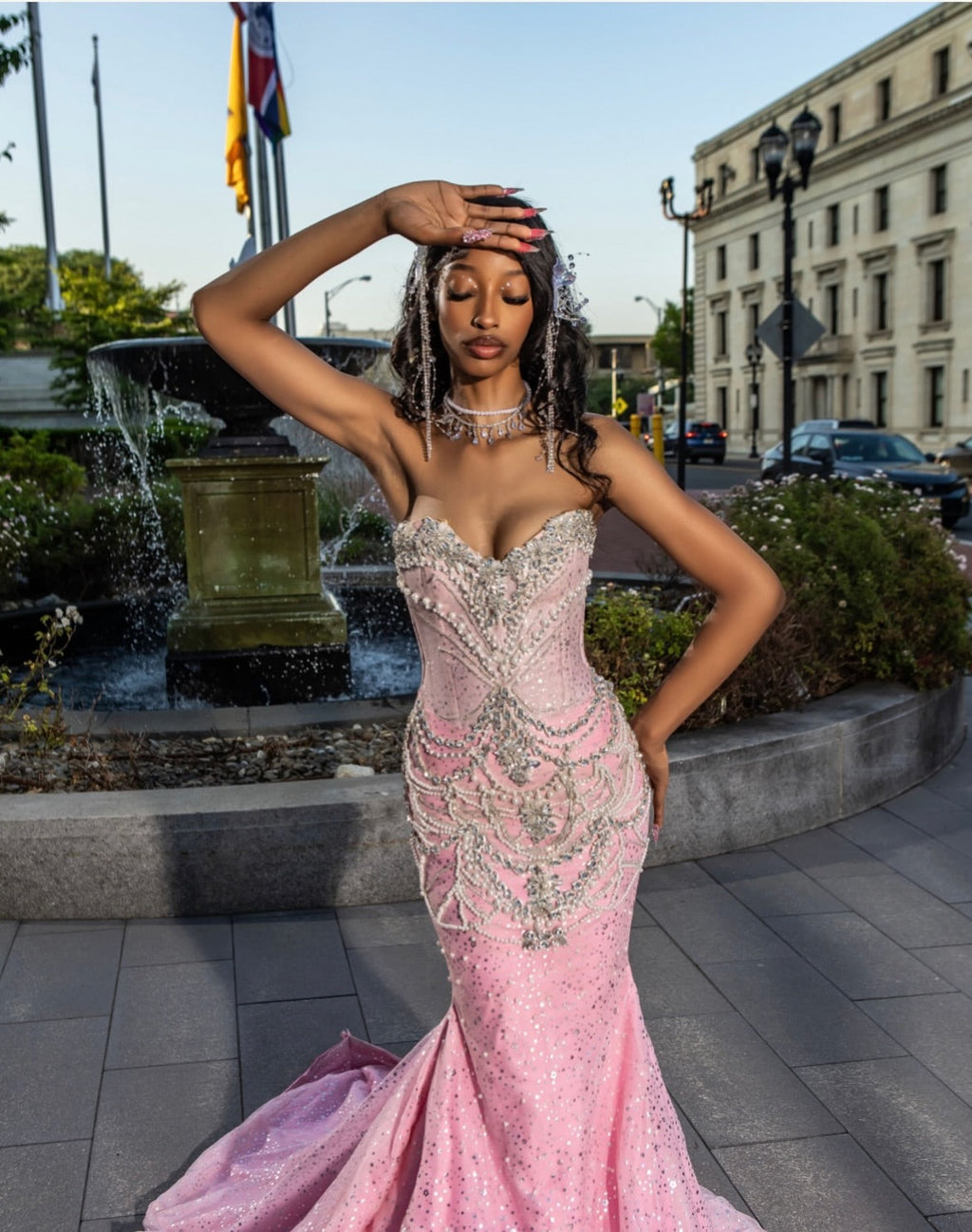 Blush Pink Mermaid Gown With Crystal Beaded And Tulle Overskirt