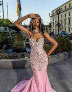 Blush Pink Mermaid Gown With Crystal Beaded And Tulle Overskirt