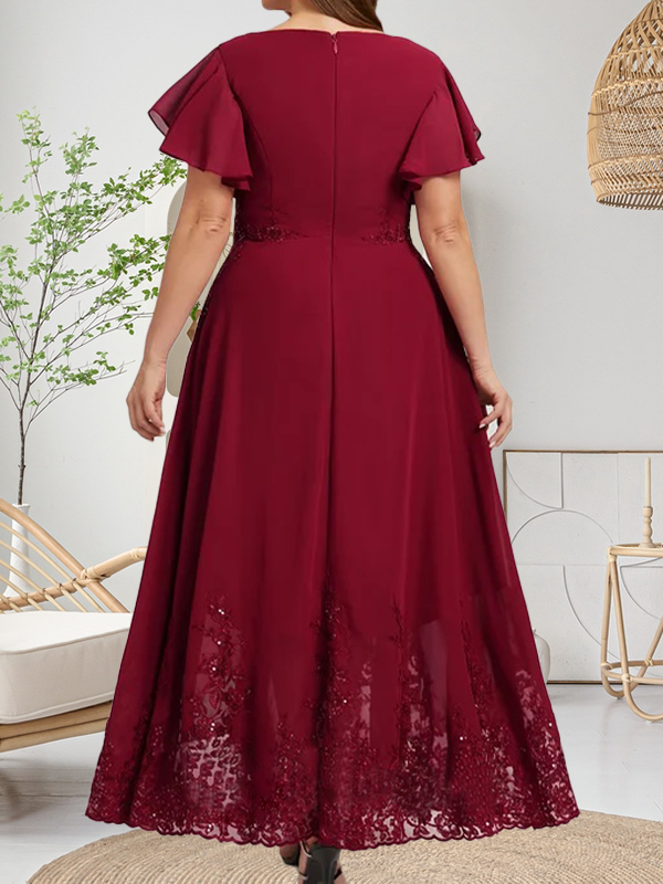 Robe de mère de la mariée en mousseline de soie à dentelle, longueur cheville, en forme trapèze avec décolleté arrondi et paillettes