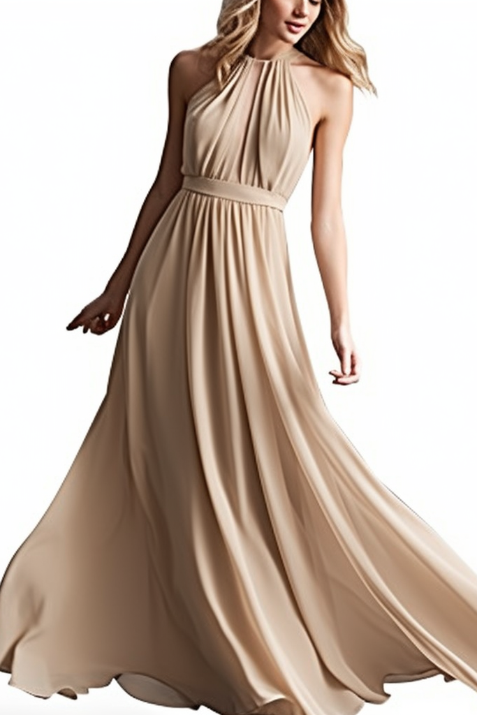 Vestido longo de cerimónia em chiffon sem mangas com gola halter e pregas elegantes