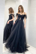 Tulle Sweetheart Floor Length Prom Dress, Black Tulle Off Shoulder Evening Dress