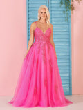 Abito lungo da sera rosa con scollo a V e pizzo a linea ad A