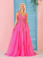 Abito lungo da sera rosa con scollo a V e pizzo a linea ad A