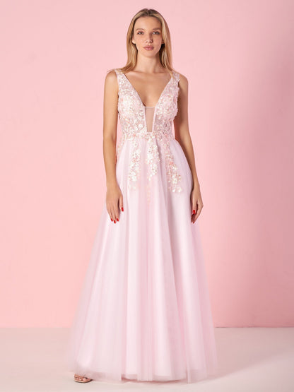 Elegante vestido de fiesta de tul con escote en V, corte A y largo hasta el suelo con apliques de encaje