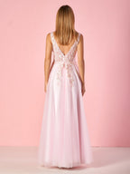 Robe de bal élégante en tulle longueur sol, coupe trapèze, col en V avec applications en dentelle