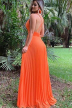 Abito lungo da cerimonia in chiffon plissettato a linea ad A con scollo a V