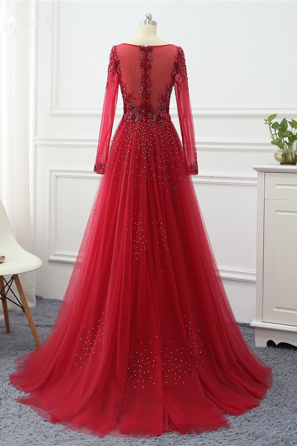 Elegant V Neck Long Sleeves Prom Dress With Overskirt Beading And Appliques