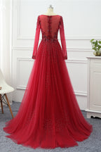Elegant V Neck Long Sleeves Prom Dress With Overskirt Beading And Appliques