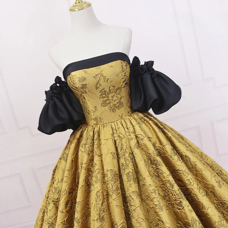 Abito da sposa dorato sottile in stile retrò moda, vestito da ballo d'epoca s04