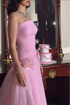 Vestido largo de fiesta rosa dulce sin tirantes con lazo anudado, vestido de noche de tul y satén Y8053