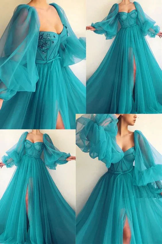 Vestidos de Baile com Mangas Bufantes, Fenda Lateral, Corte em A, Vestidos de Noite Y514