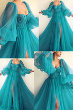 Vestidos de Baile com Mangas Bufantes, Fenda Lateral, Corte em A, Vestidos de Noite Y514