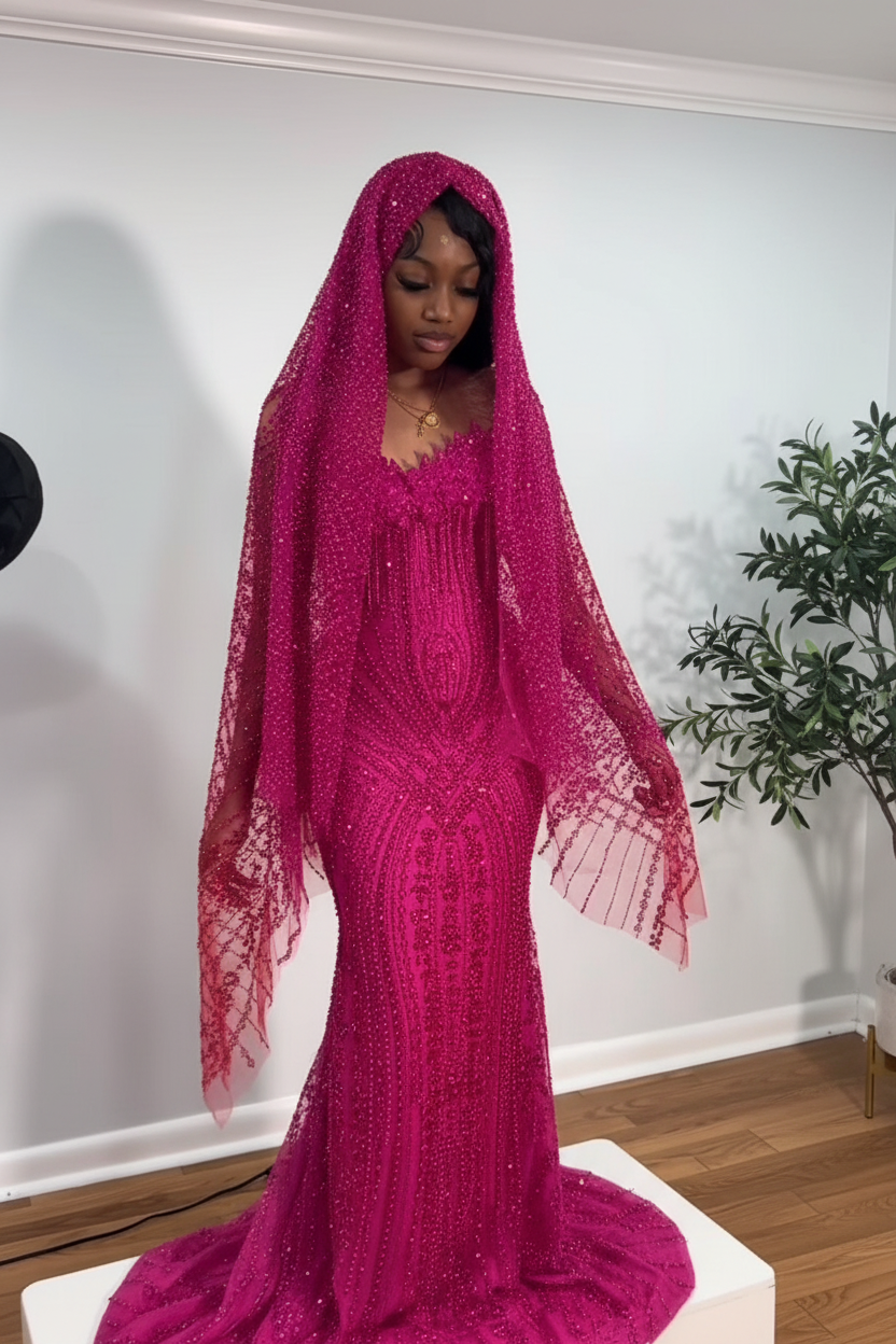 Crimson Ruby Heiress Mermaid Gown With Hand Beaded Crystal Encrusted Hooded Veil