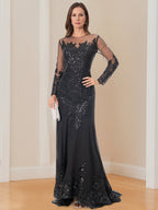 Long Sleeve Scoop Neck Mermaid Trumpet Mother Of The Bride Dress With Applique