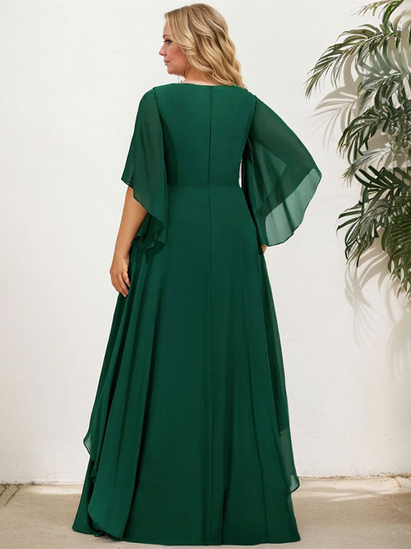 A-Linie V-Ausschnitt Bodenlang Chiffon Kleid für die Brautmutter mit Pailletten Applikationen Spitze Perlen 