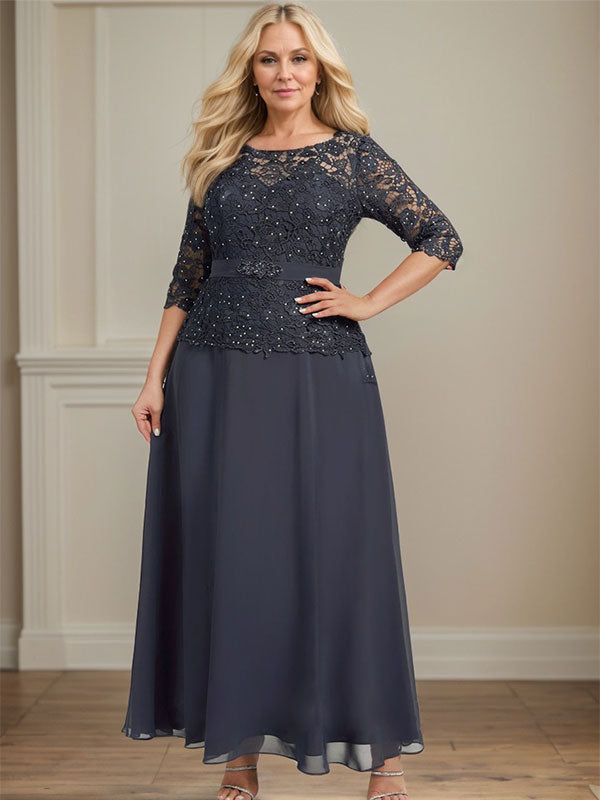 Robe de mère de la mariée en dentelle en mousseline, longueur cheville, coupe trapèze, décolleté illusion en forme de goutte, ornée de perles en strass