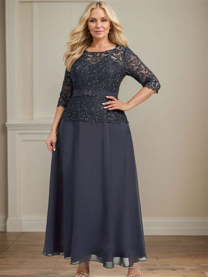 A-Linie, U-Ausschnitt, Illusion, knöchellang, Chiffon, Spitze, Kleid für die Brautmutter mit Strass-Perlen 