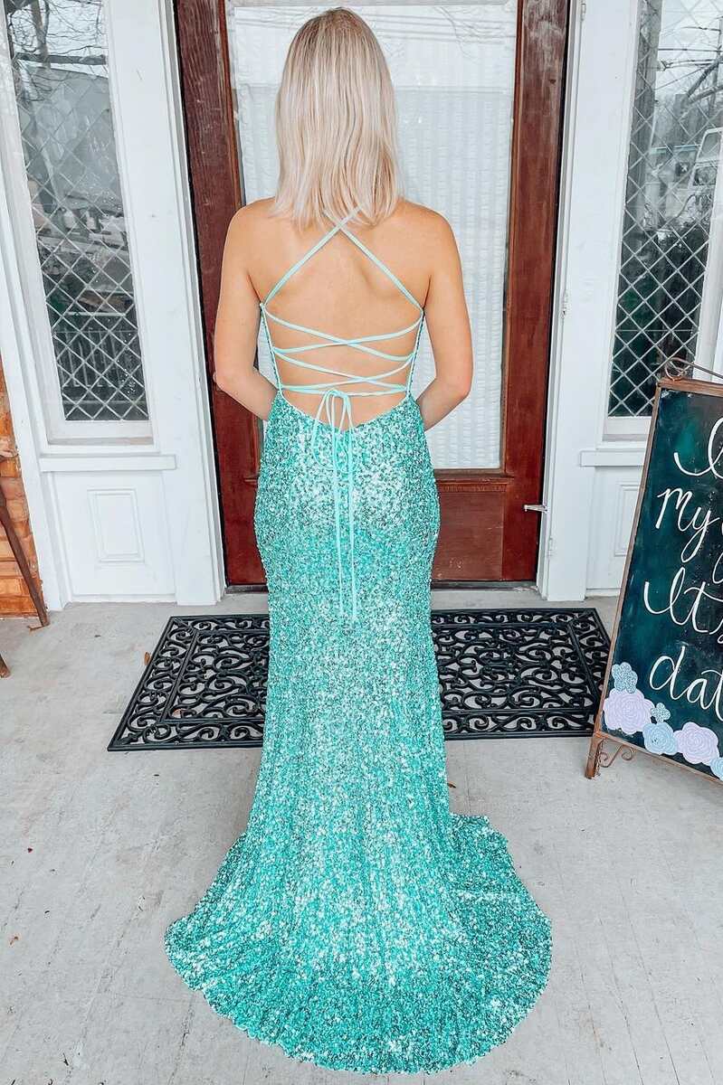 Vestido de fiesta largo estilo sirena con espalda con cordones y lentejuelas color jade claro