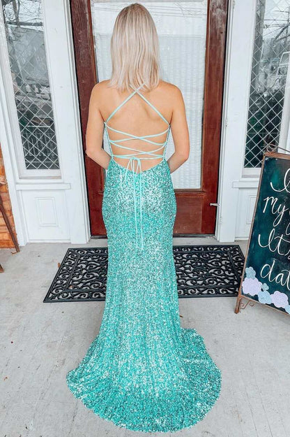 Vestido de fiesta largo estilo sirena con espalda con cordones y lentejuelas color jade claro