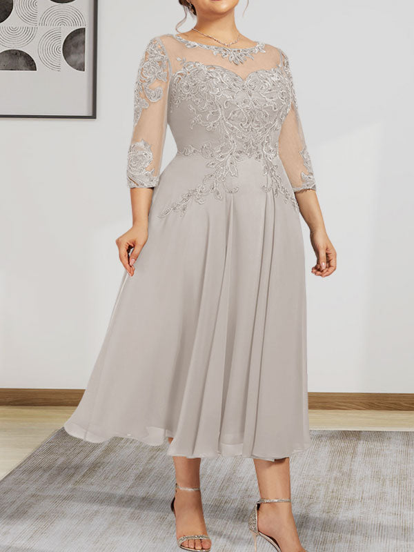 A-Linie, U-Ausschnitt, Illusion, knielang, Chiffon, Spitze, Kleid für die Brautmutter mit Perlen und Pailletten