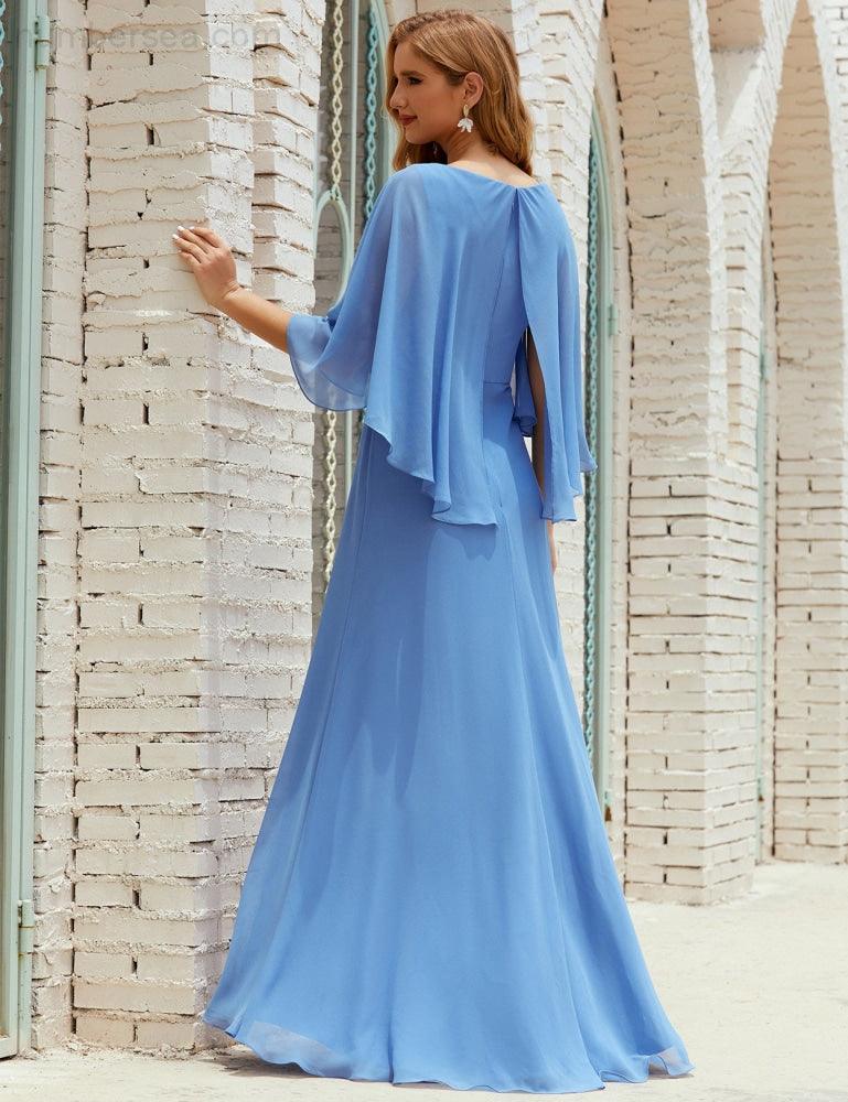 Abito da Damigella Donna Manica Lunga Scollatura a V Chiffon Abito da Cerimonia Matrimonio Festa 28018
