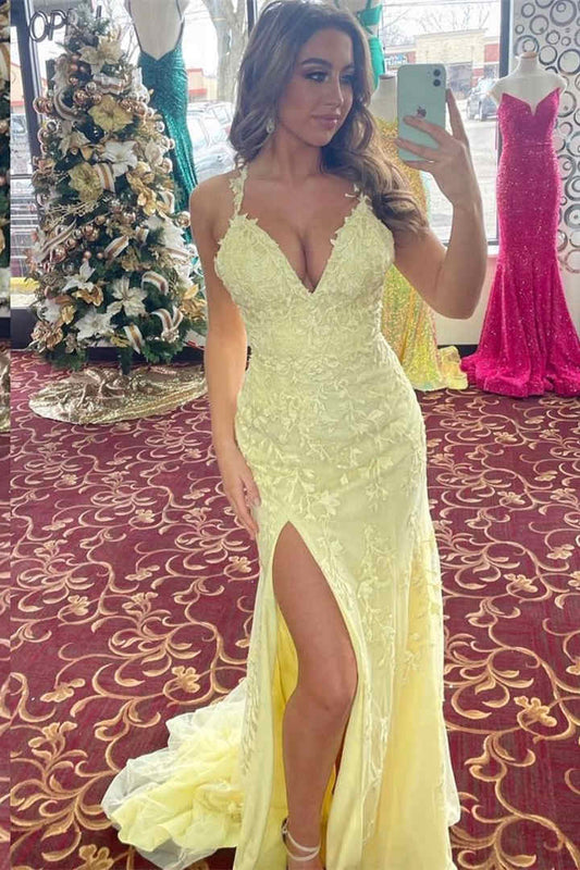 Elegante vestido de fiesta largo amarillo claro con escote en V y apliques de encaje