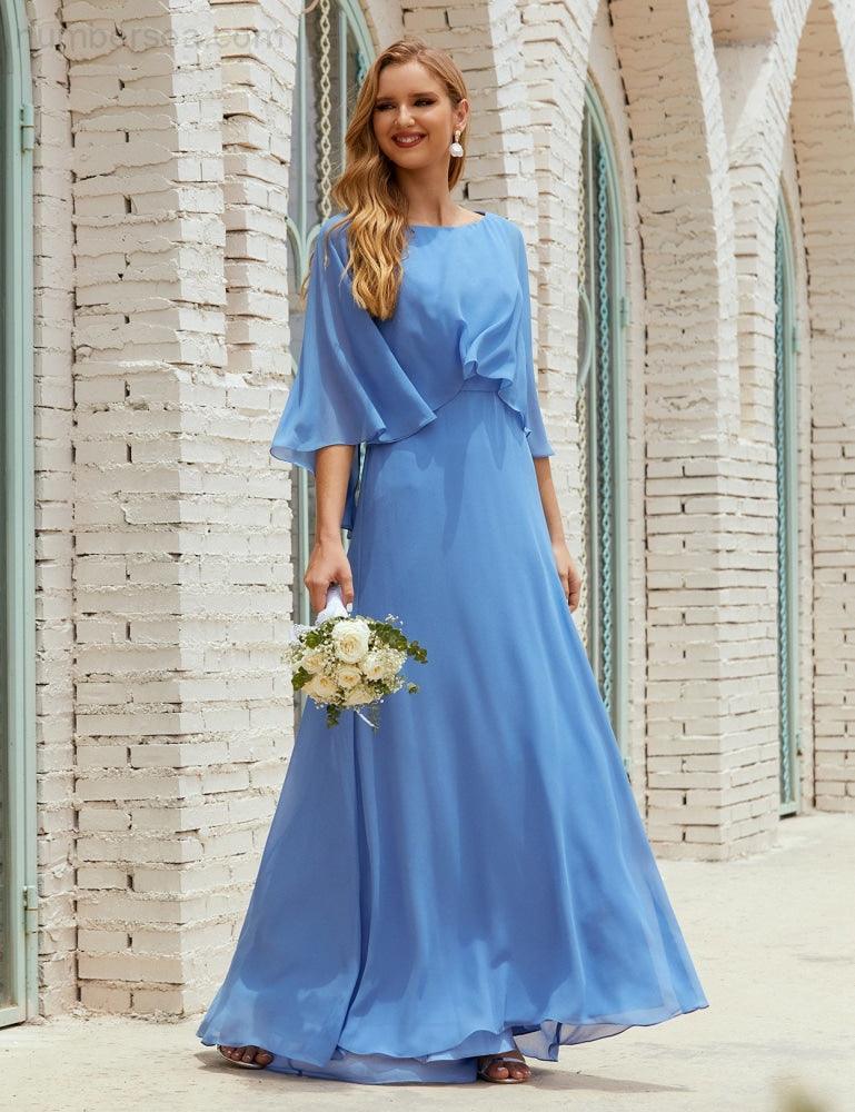 Abito da Damigella Donna Manica Lunga Scollatura a V Chiffon Abito da Cerimonia Matrimonio Festa 28018