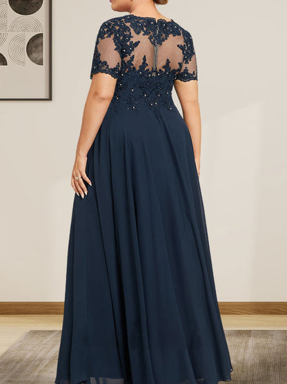 A-Linie U-Ausschnitt Illusion Bodenlang Chiffon Spitze Mutter der Braut Kleid mit Pailletten Perlen