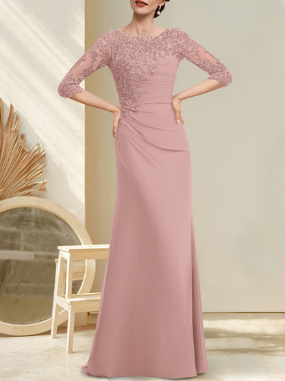 Vestido de gasa con encaje y escote redondo para madre de la novia, con lentejuelas plisadas y cuentas.