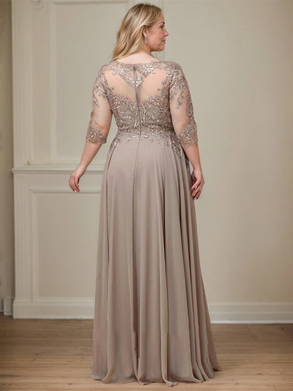 A-Linie, U-Ausschnitt, Illusion, bodenlanges Spitzen-Chiffon-Kleid für die Brautmutter mit Pailletten 