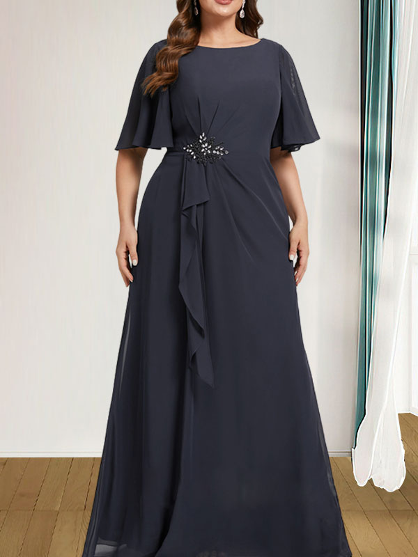 Robe de mère de la mariée en mousseline longueur au sol, en ligne A, décolleté arrondi, avec volants en cascade, perles et paillettes