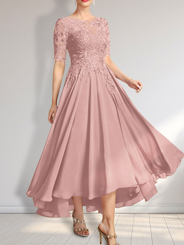 Robe de mère de la mariée en mousseline et dentelle asymétrique illusion à encolure dégagée, coupe en A, ornée de paillettes
