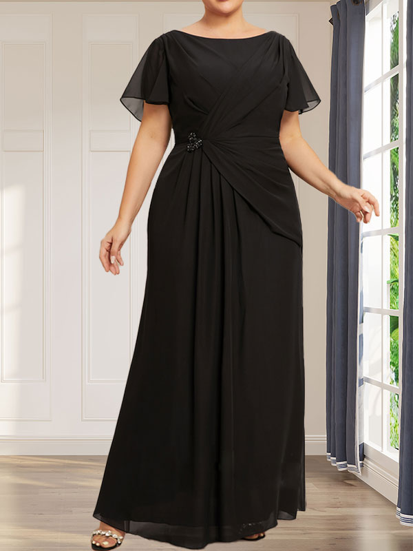 Robe de mère de la mariée en mousseline, longueur cheville, en ligne A, encolure dégagée, ornée de perles et plissée