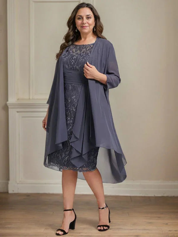 Abito da madre della sposa in pizzo e chiffon con gonna a colonna a effetto illusion fino al ginocchio, con balze a cascata e paillettes