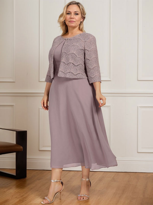 Robe de mère de la mariée en mousseline, longueur thé, en forme de A, décolleté arrondi avec plis