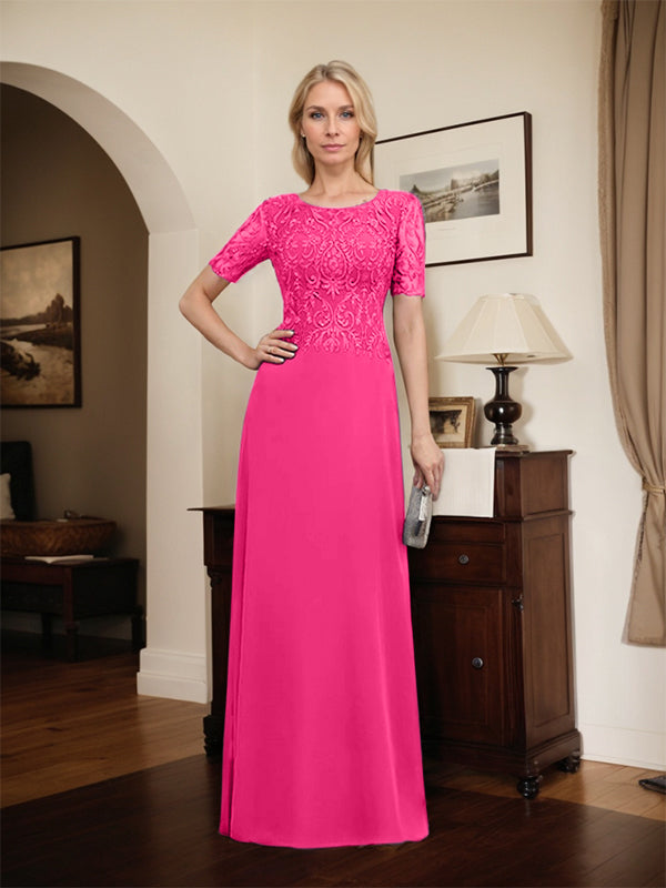 Robe de mère de la mariée en dentelle et mousseline, longueur au sol, en ligne A, décolleté en U, ornée de paillettes