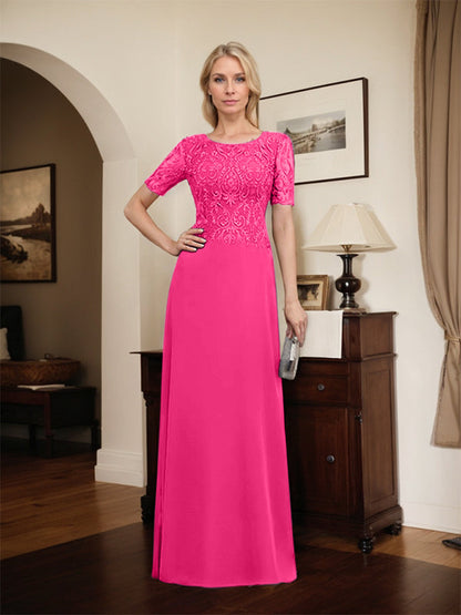 A-Linie U-Ausschnitt Bodenlang Spitzen-Chiffon-Kleid für die Brautmutter mit Pailletten