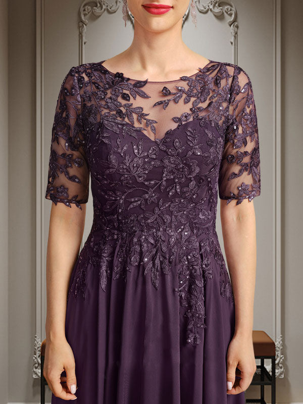 Robe de mère de la mariée en mousseline et dentelle asymétrique illusion à encolure dégagée, coupe en A, ornée de paillettes