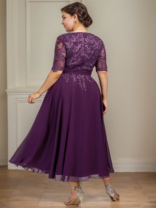 A-Linie V-Ausschnitt Wadenlanges Spitzen-Chiffon-Kleid für die Brautmutter mit Pailletten 