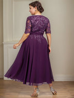 A-Linie V-Ausschnitt Wadenlanges Spitzen-Chiffon-Kleid für die Brautmutter mit Pailletten 