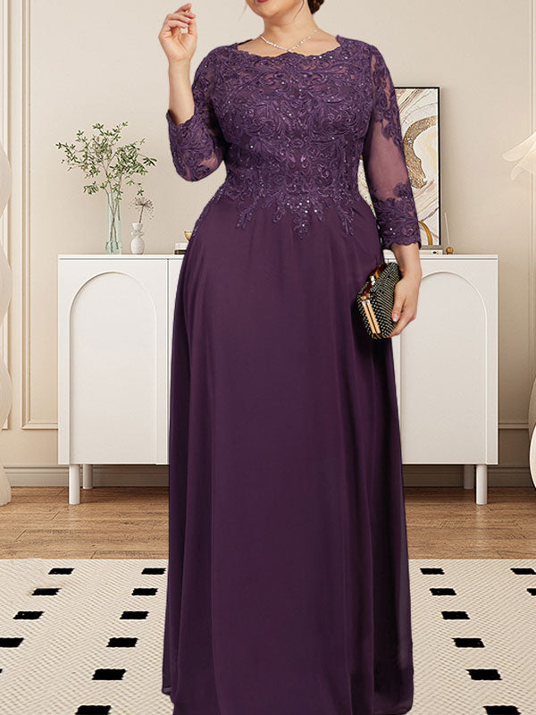 A-Linie U-Ausschnitt Bodenlang Spitzen-Chiffon-Kleid für die Brautmutter mit Pailletten