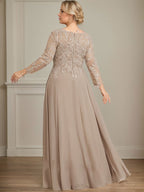 Robe de mère de la mariée en mousseline de soie à dentelle, longueur au sol, en ligne A, col en V, ornée de paillettes