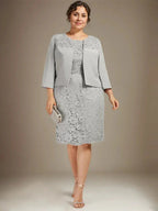 Vestido de Mãe da Noiva em Chiffon com Renda, Bordado e Comprimento ao Joelho, Modelo Tubo/Coluna