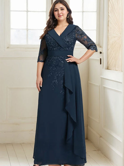 Vestido de madre de la novia de gasa con encaje, escote en V, corte A y largo hasta el suelo, con lentejuelas y volantes en cascada 