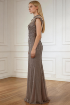 Luxuriöses Karamellfarbenes Meerjungfrauen-Abendkleid mit Perlen LA73082