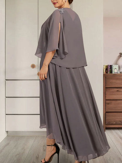 Vestido de gasa asimétrico para madre de la novia con escote en V, corte A y lentejuelas con abalorios