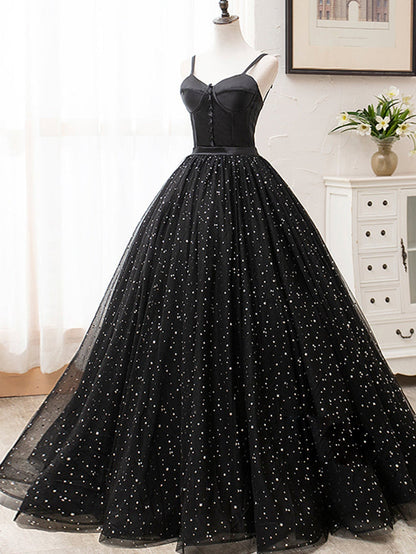 Langes schwarzes Ballkleid mit V-Ausschnitt und Glitzer