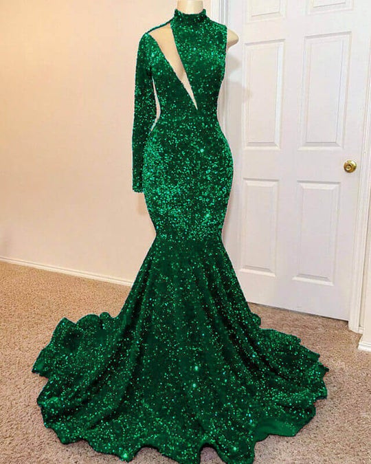 Abito da sera verde sirena lungo fino a terra con paillettes, collo alto e maniche lunghe