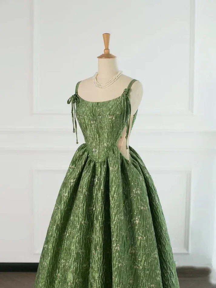 Vintage grünes Abendkleid mit Spaghettiträgern, A-Linien-Abschlussballkleid, Festkleid, Geburtstagsballkleid Y7567